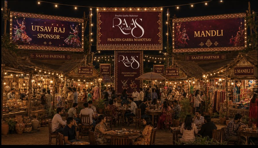 Raj Ratna Sponsor pole banners lining the festival avenue