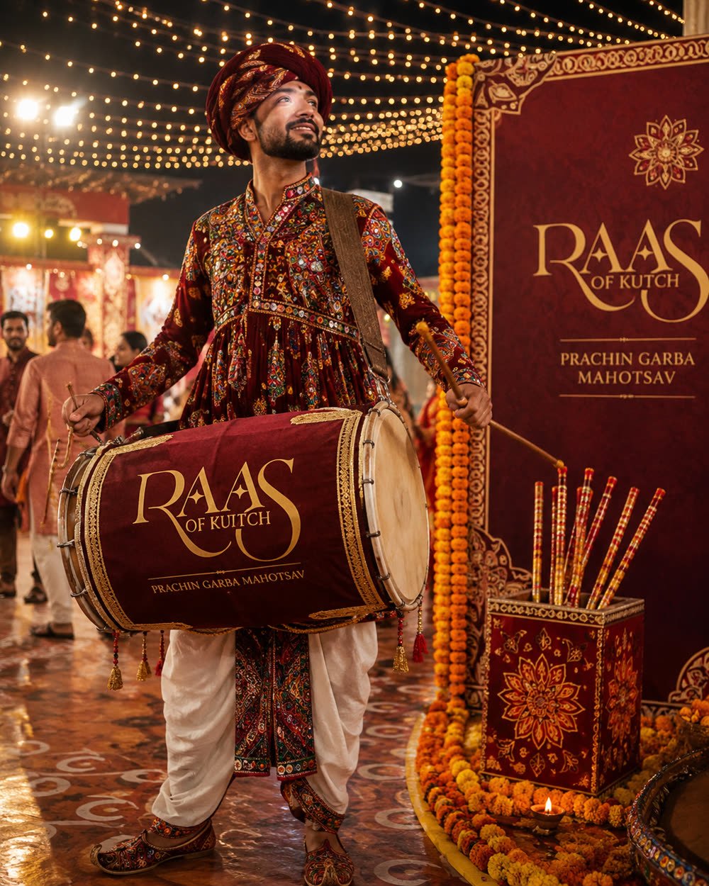 Dhol player beside the branded Raas of Kutch backdrop